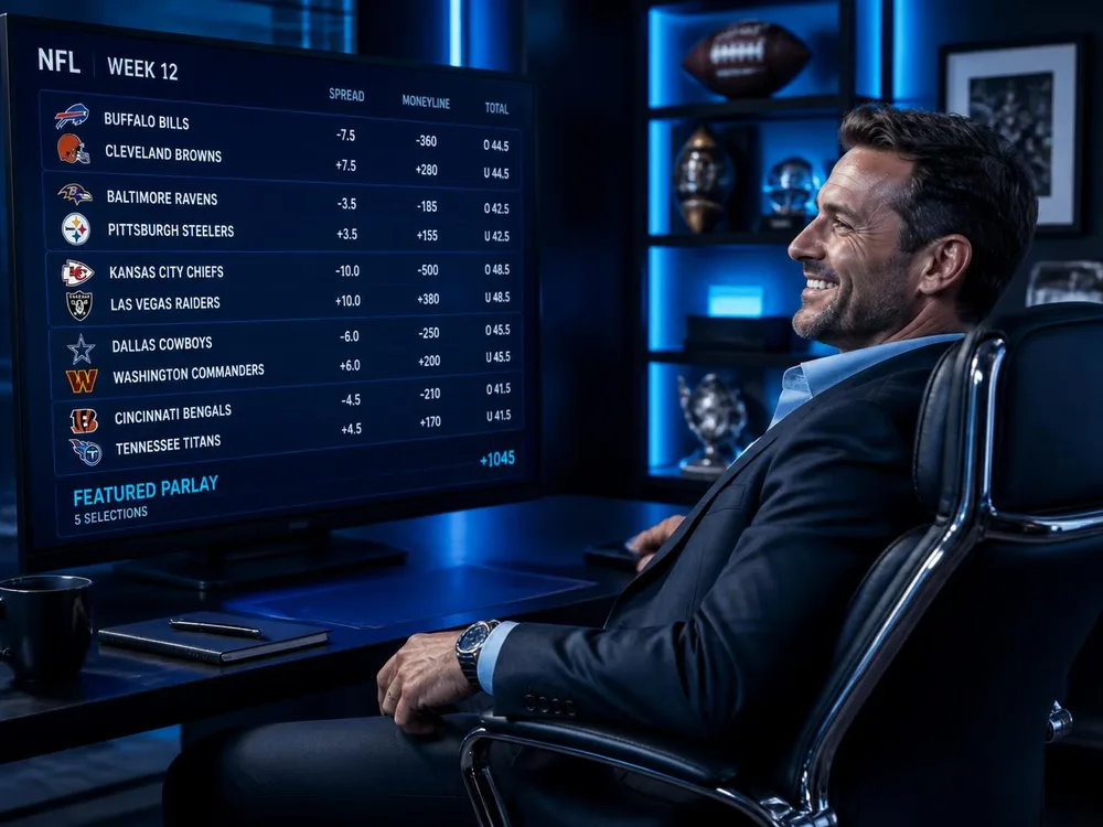 Smiling agent in a luxury office watching a sportsbook dashboard with live NFL lines on a large monitor