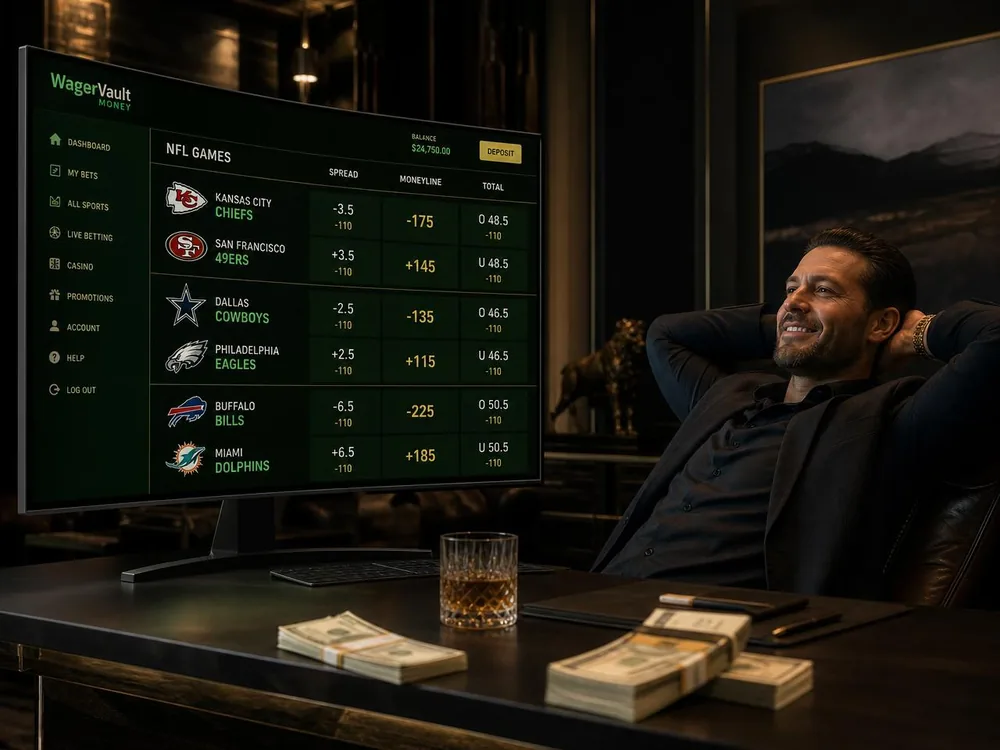 Smiling agent in a luxury office watching a sportsbook dashboard with live NFL lines on a large monitor
