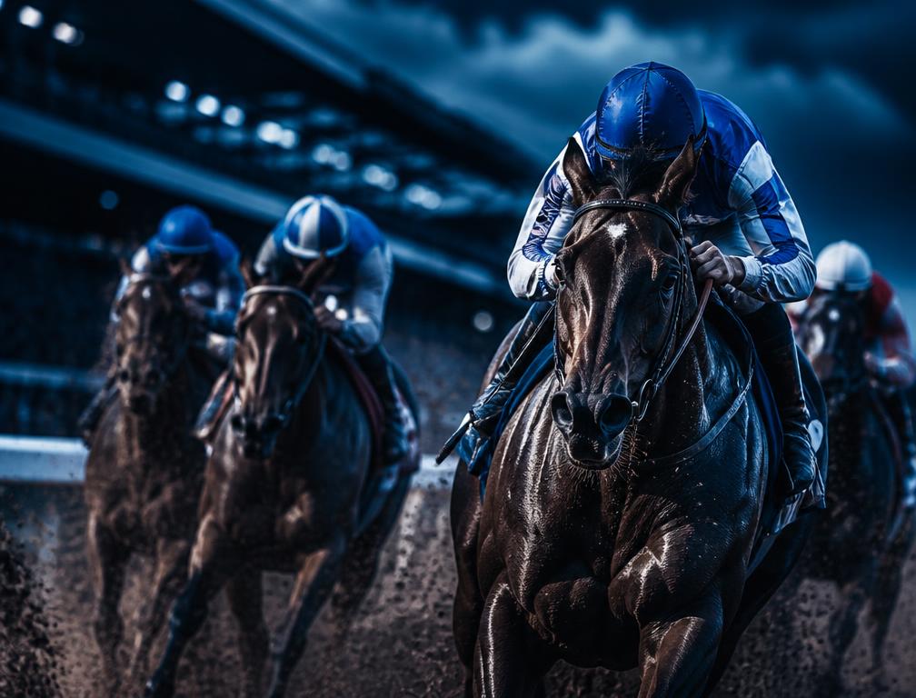 Thoroughbred racehorses and jockeys racing down the track