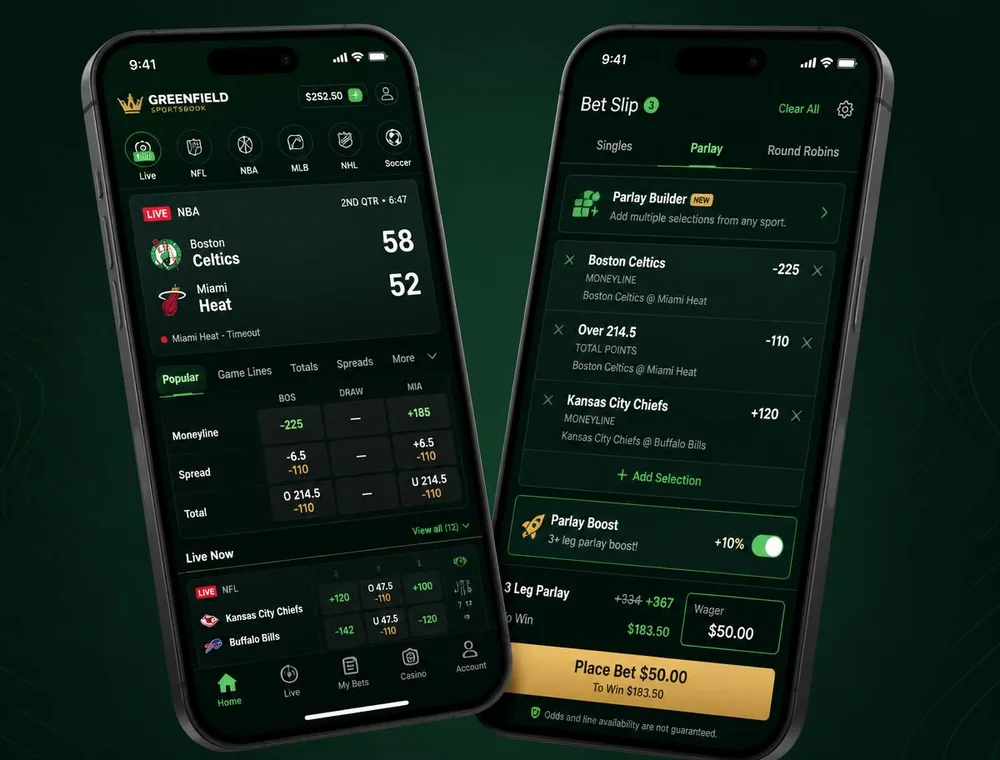 Two phones showing a live betting card and a parlay slip